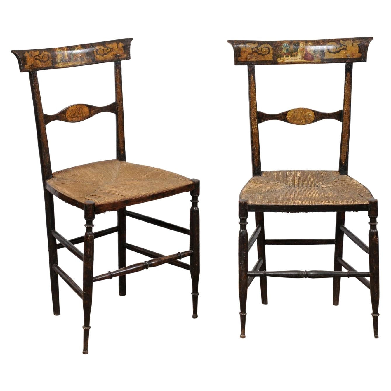 Pair of Handpainted Side Chairs with Rush Seats, Italy, circa 1820 For Sale