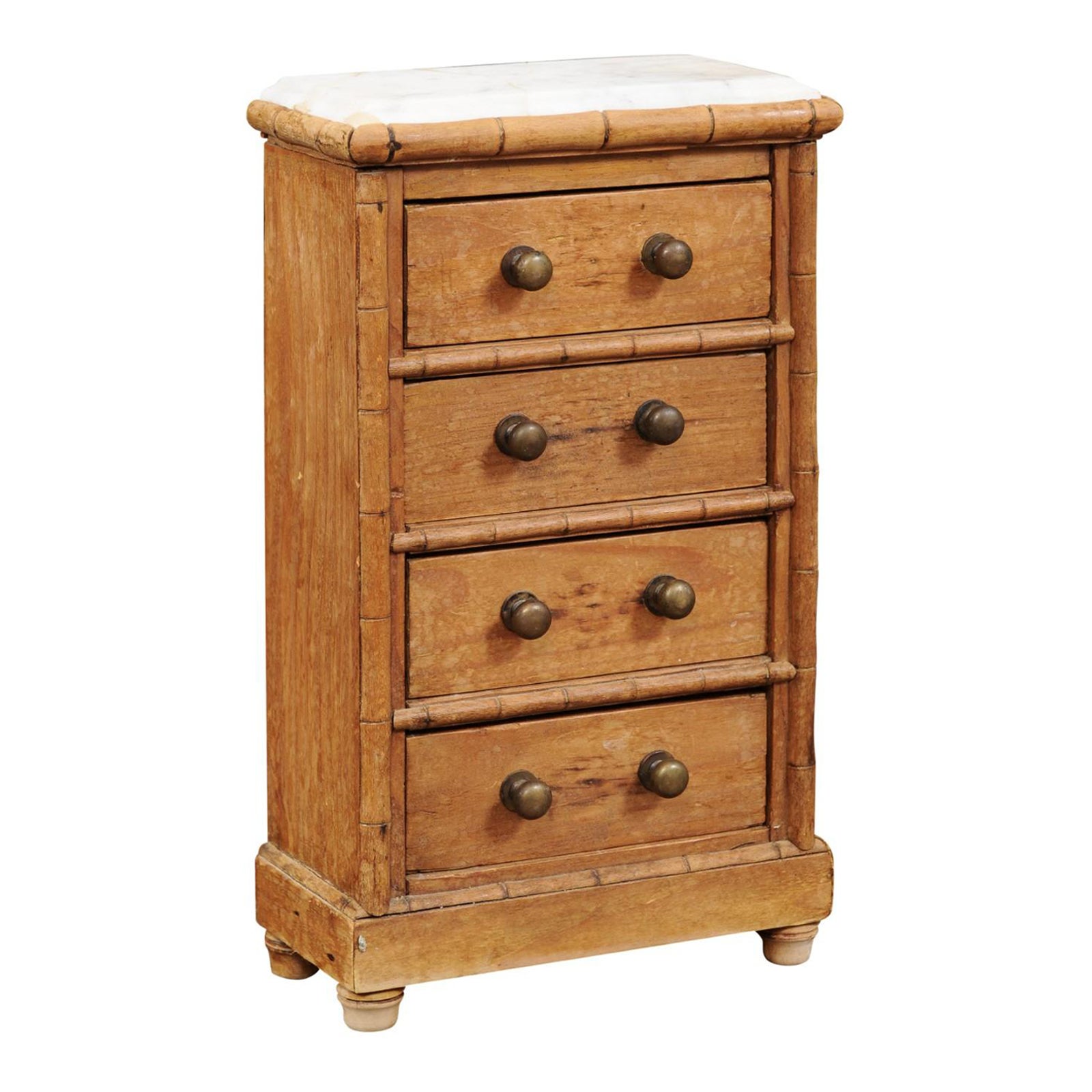 Pine Bamboo Style Apprentice Chest / Jewelry Box, Marble Top & 4 Drawers For Sale