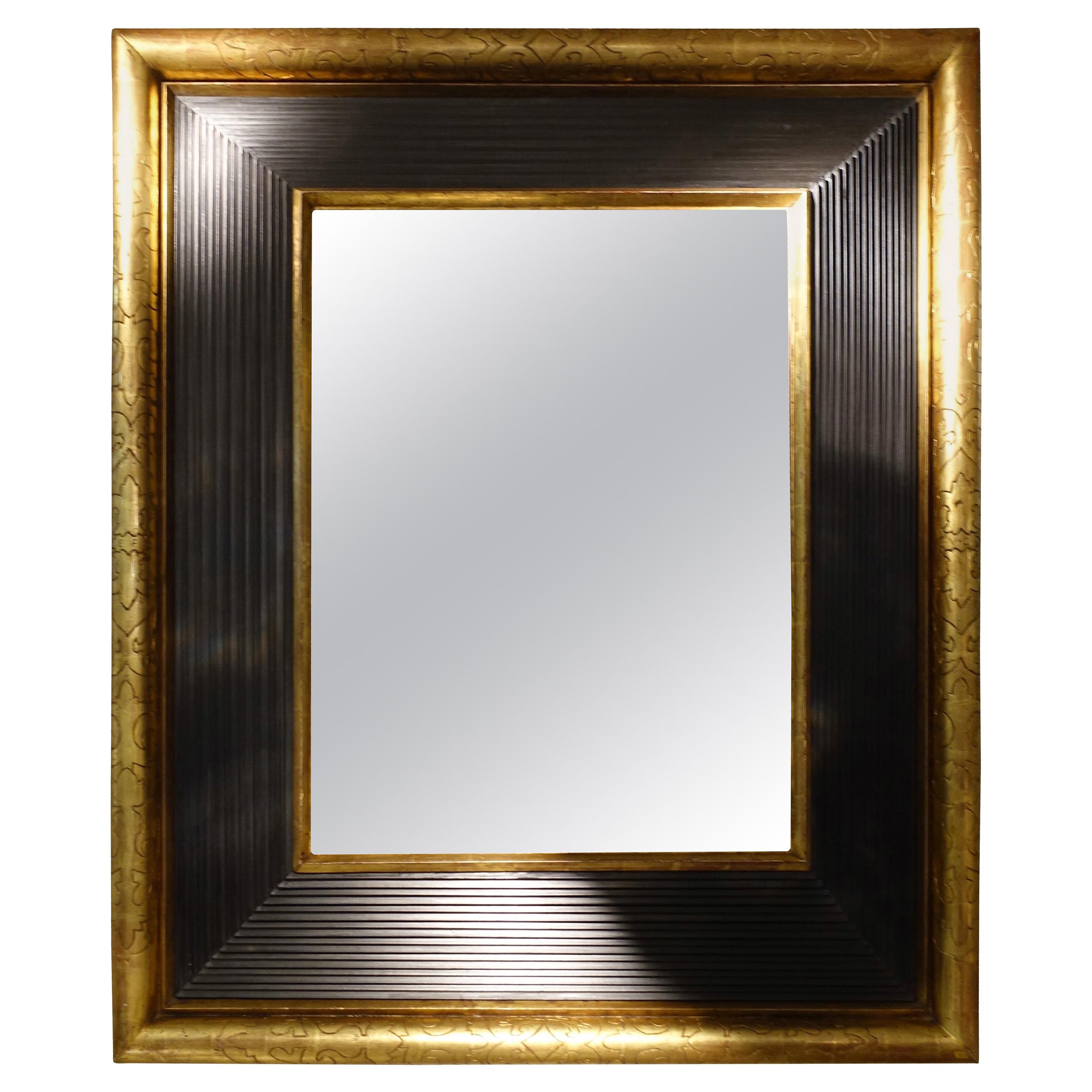 Gold Engraved Brown Border Three Dimensional Framed Mirror, France, 19th Century For Sale