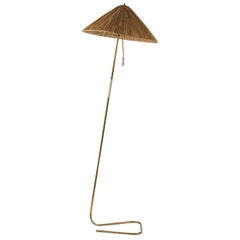 Brass Floor Lamp with Straw Shade, circa 1950