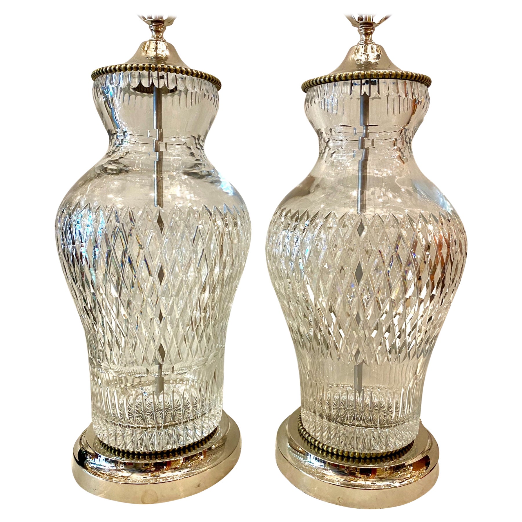 Pair of Tall Cut Crystal Cylinder Table Lamps For Sale at 1stDibs