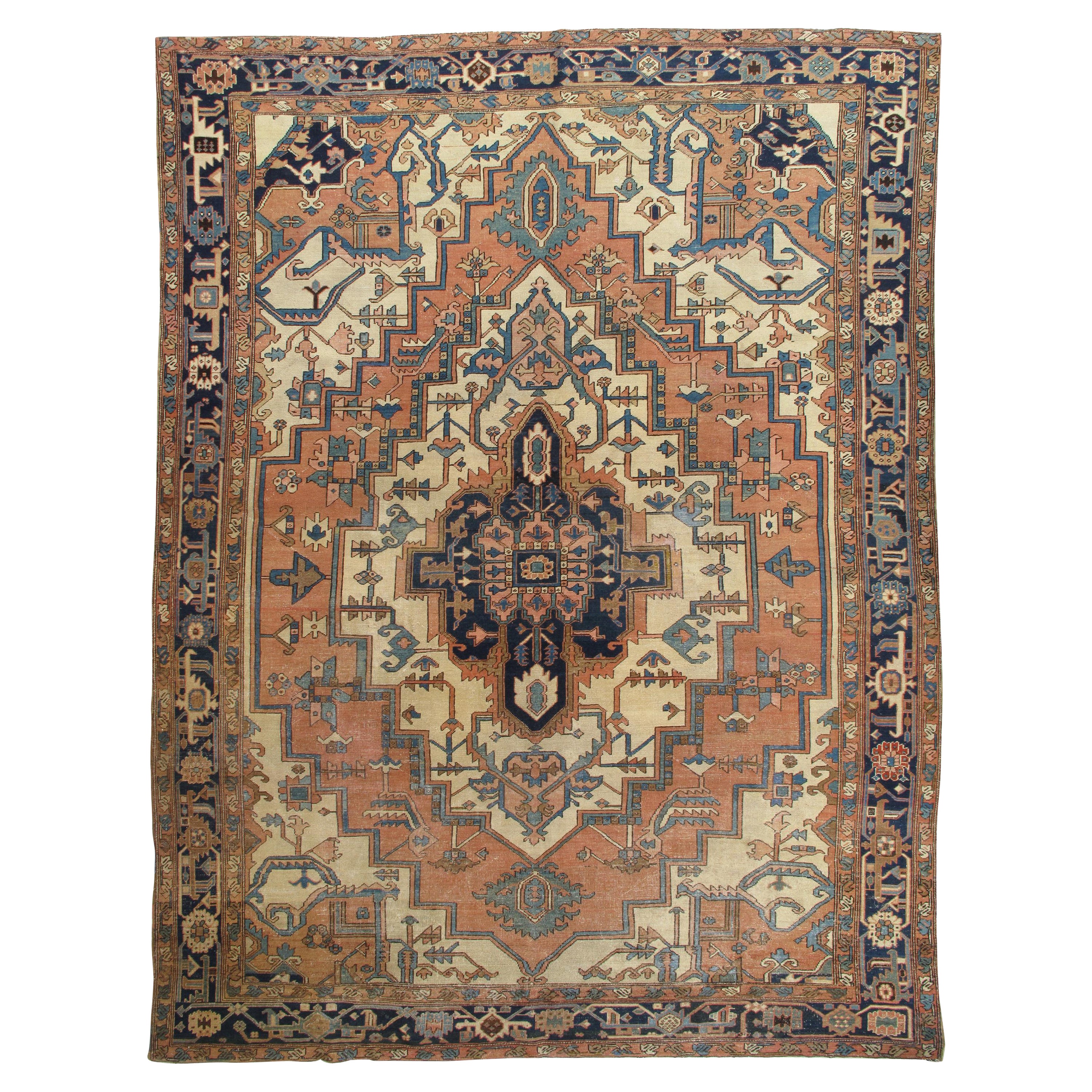 Antique Persian Serapi Carpet, Geometric, Ivory Hand Knotted Wool Oriental Rug