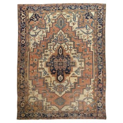 Alfombra Persa Antigua Serapi, Geométrica, Marfil Alfombra Oriental de Lana Anudada a Mano