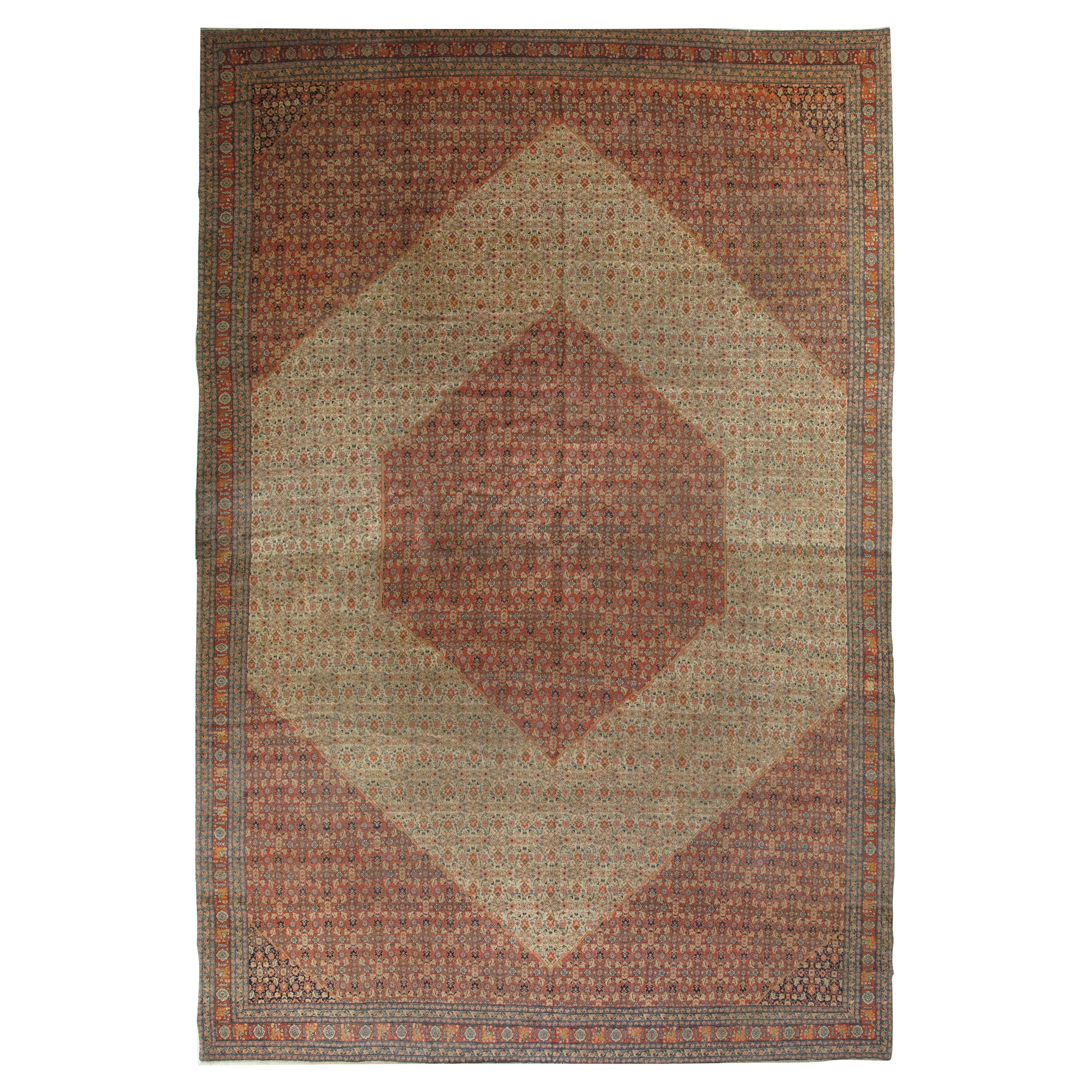 Tapis persan ancien de Tabriz, tapis Hadji Jalili, tons terreux, ivoire, rouille, bleu marine