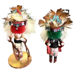 Pair of Small Kachina Katsina Dolls Hand Carved Decorated Signed by Artist