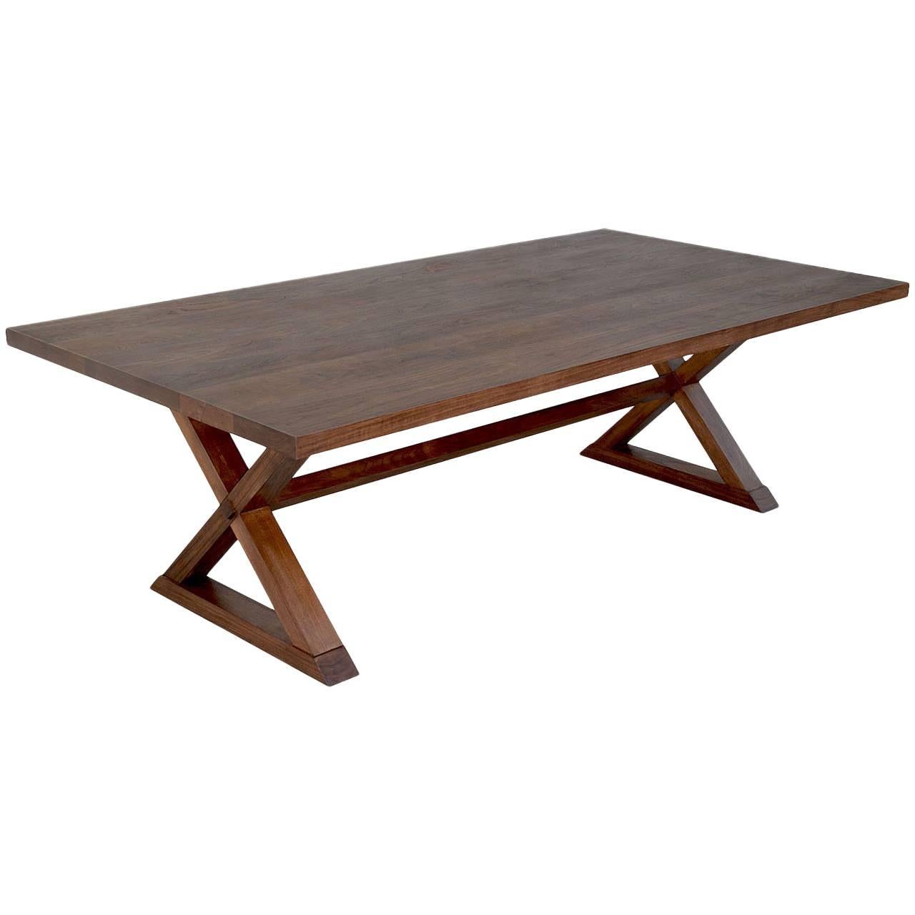 Expandable Walnut Minimalist X-Trestle Table in, by Petersen Antiques  For Sale