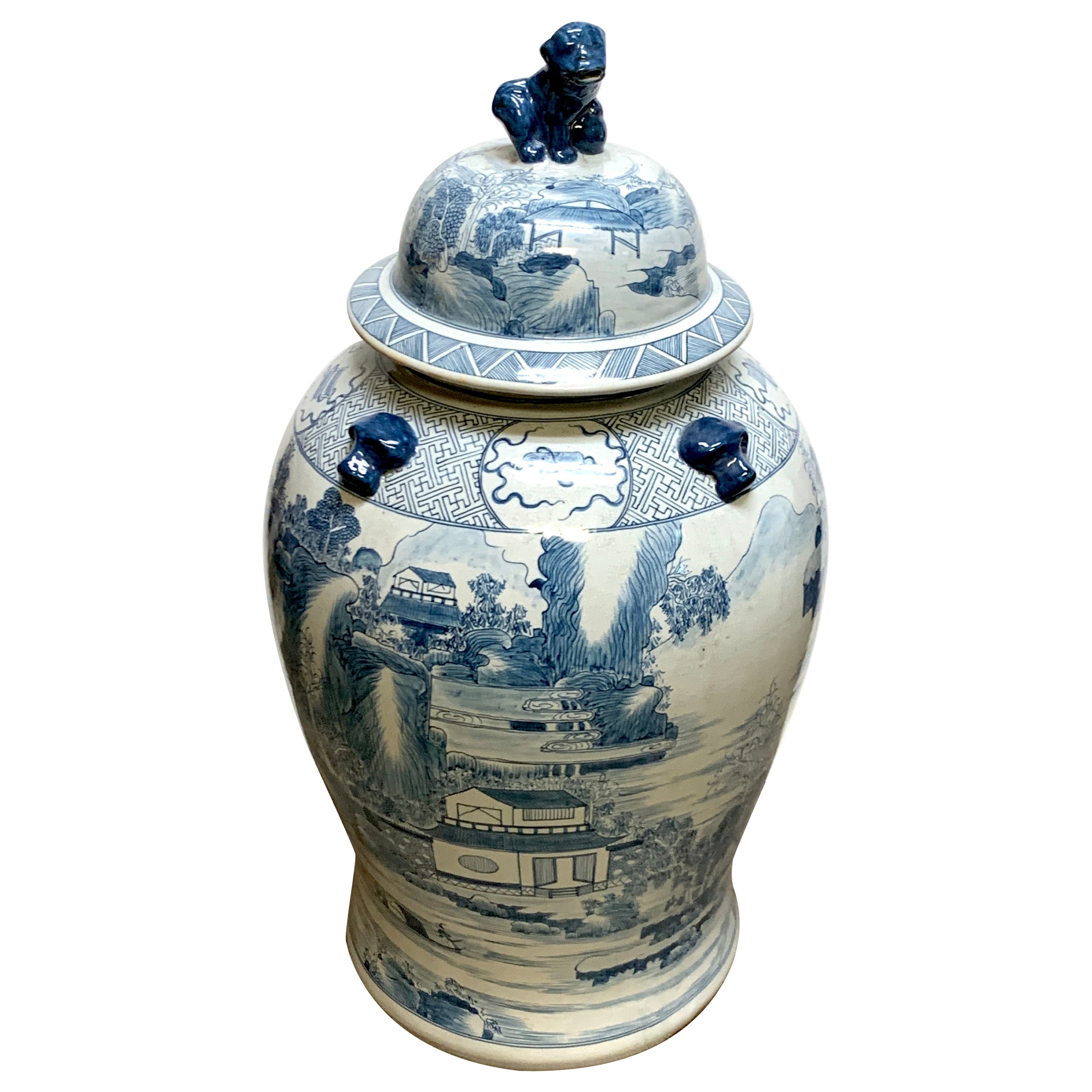 Massive Pair of of Blue and White Hand Painted Temple Jars at 1stDibs
