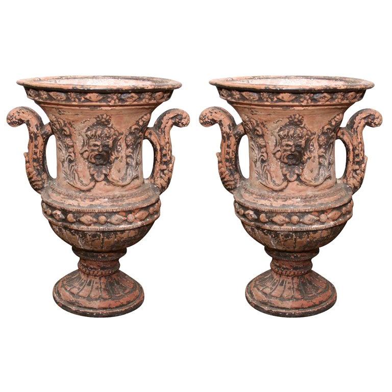 Pair of 19th c. English Terra Cotta Flower Urns For Sale at 1stDibs