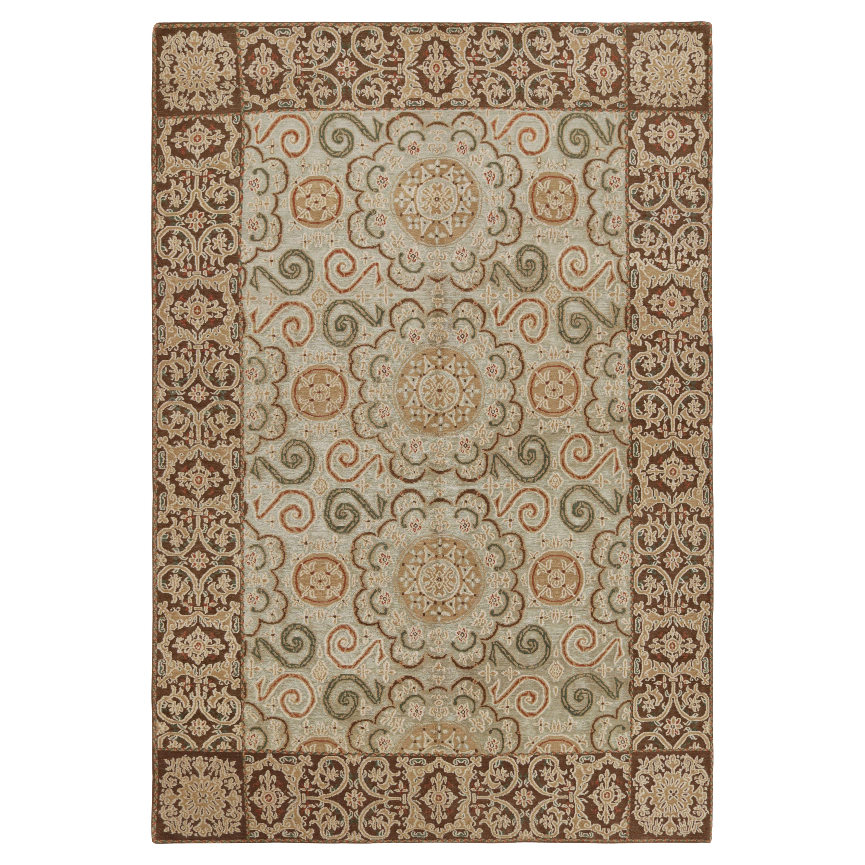 Rug & Kilim's European Style Rug Beige-Brown Green Wool Silk Custom Floral