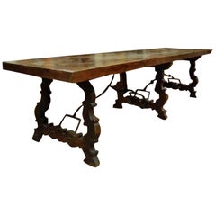 Antique 19th Century Spanish Baroque Style Walnut Trestle Dining Farm Table