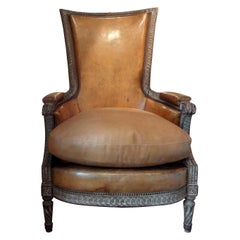 Antique French Louis XVI Style Bergère with Distressed Leather Upholstery