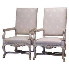 Pair of 19th Century Louis XIV Carved Painted Armchairs with Fleur-de-Lys Fabric