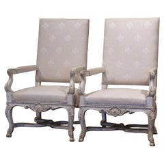 Antique Pair of 19th Century Louis XIV Carved Painted Armchairs with Fleur-de-Lys Fabric