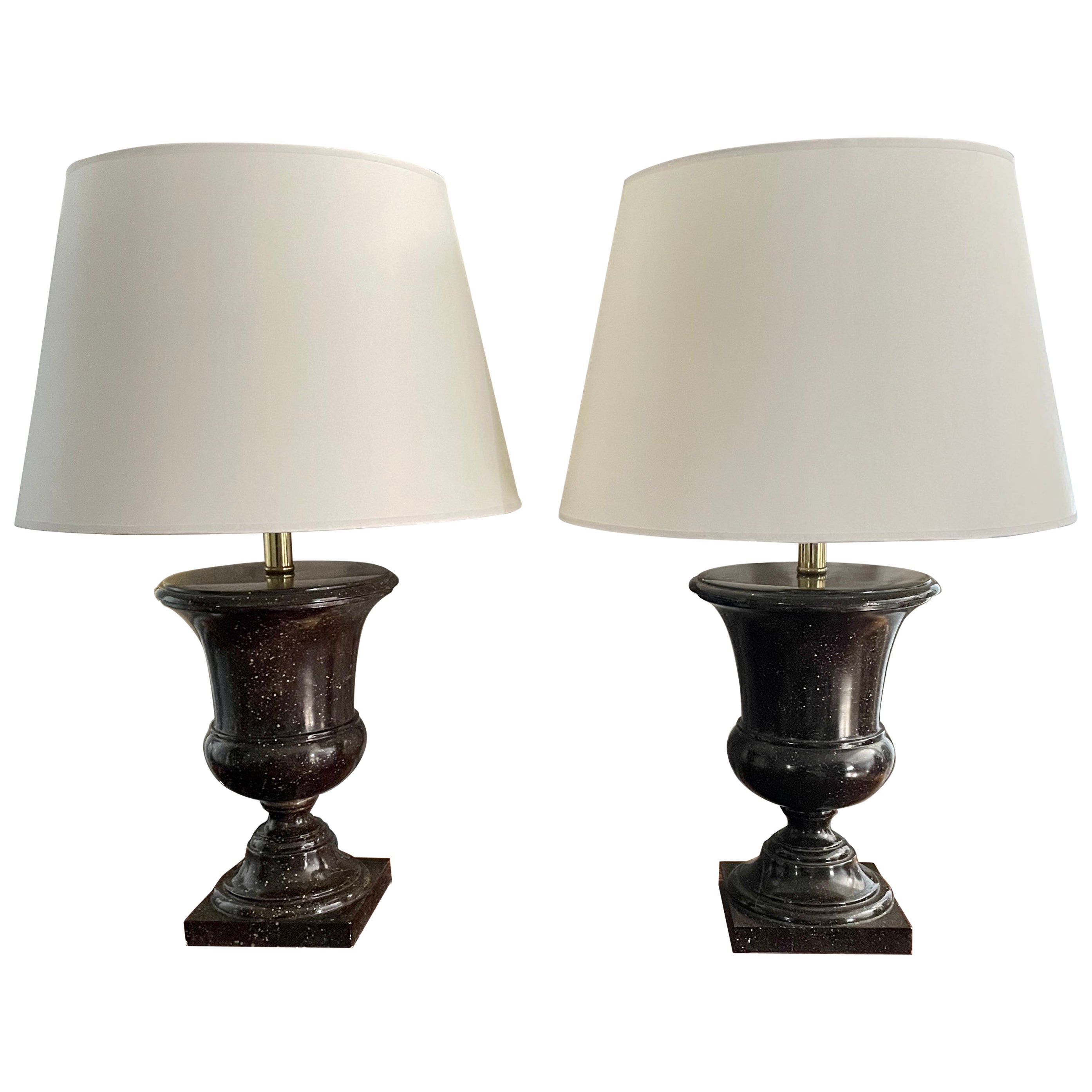 Pair of Faux Porphyry Urn Form Lamps For Sale