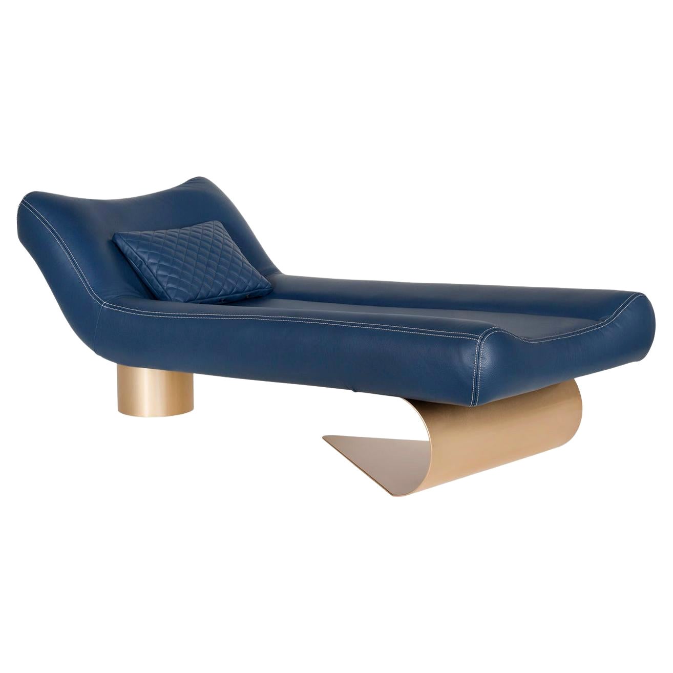 Greenapple Chaise Longue, Tágide Chaise, Dark Blue Leather, Handmade in Portugal