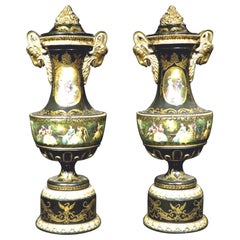 Antique Exceptional Pair of Neoclassical Revival Hand Painted Wooden Urns, circa 1880