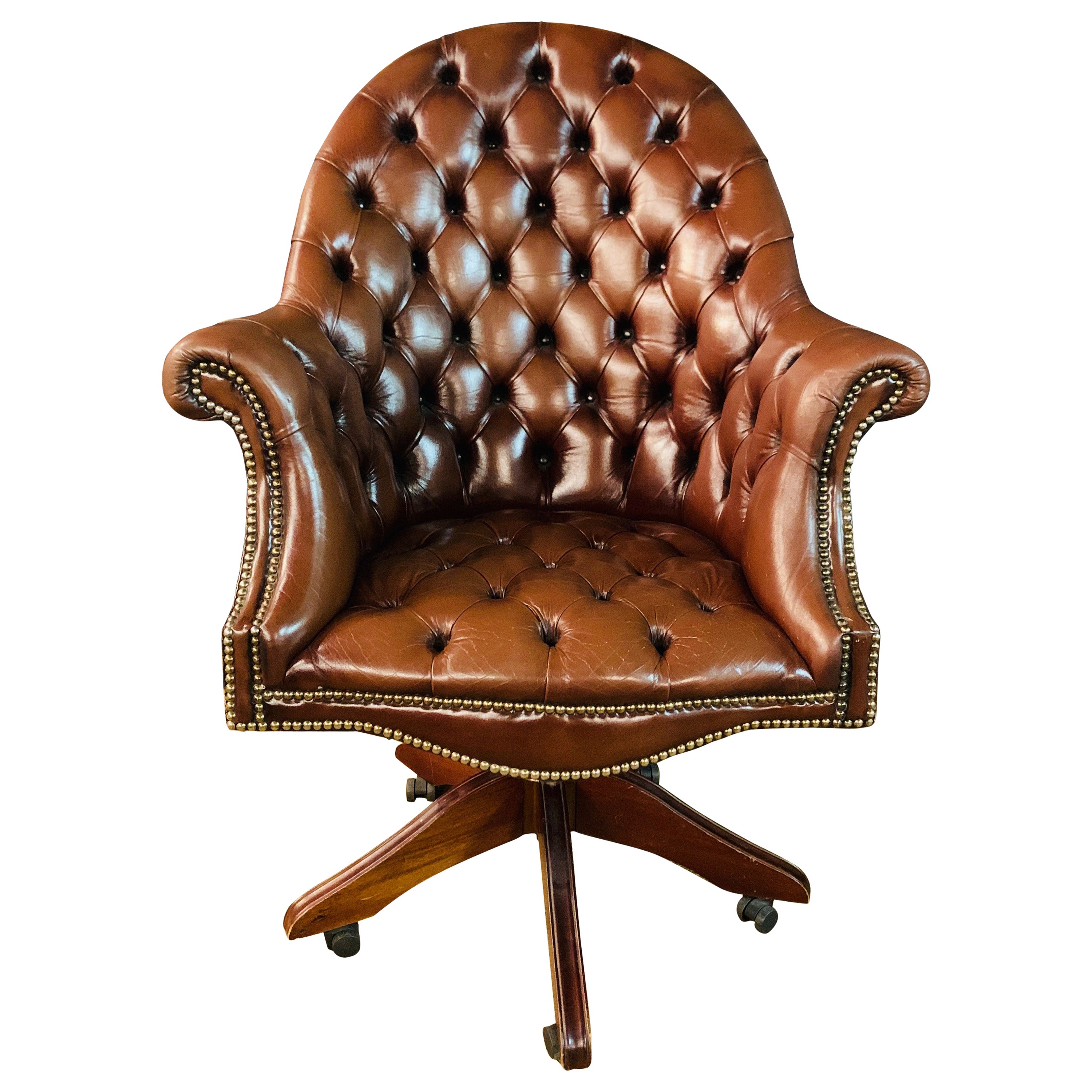 Deep Tufted Black Leather English Chesterfield Style Rolling Office Desk Chair at 1stDibs