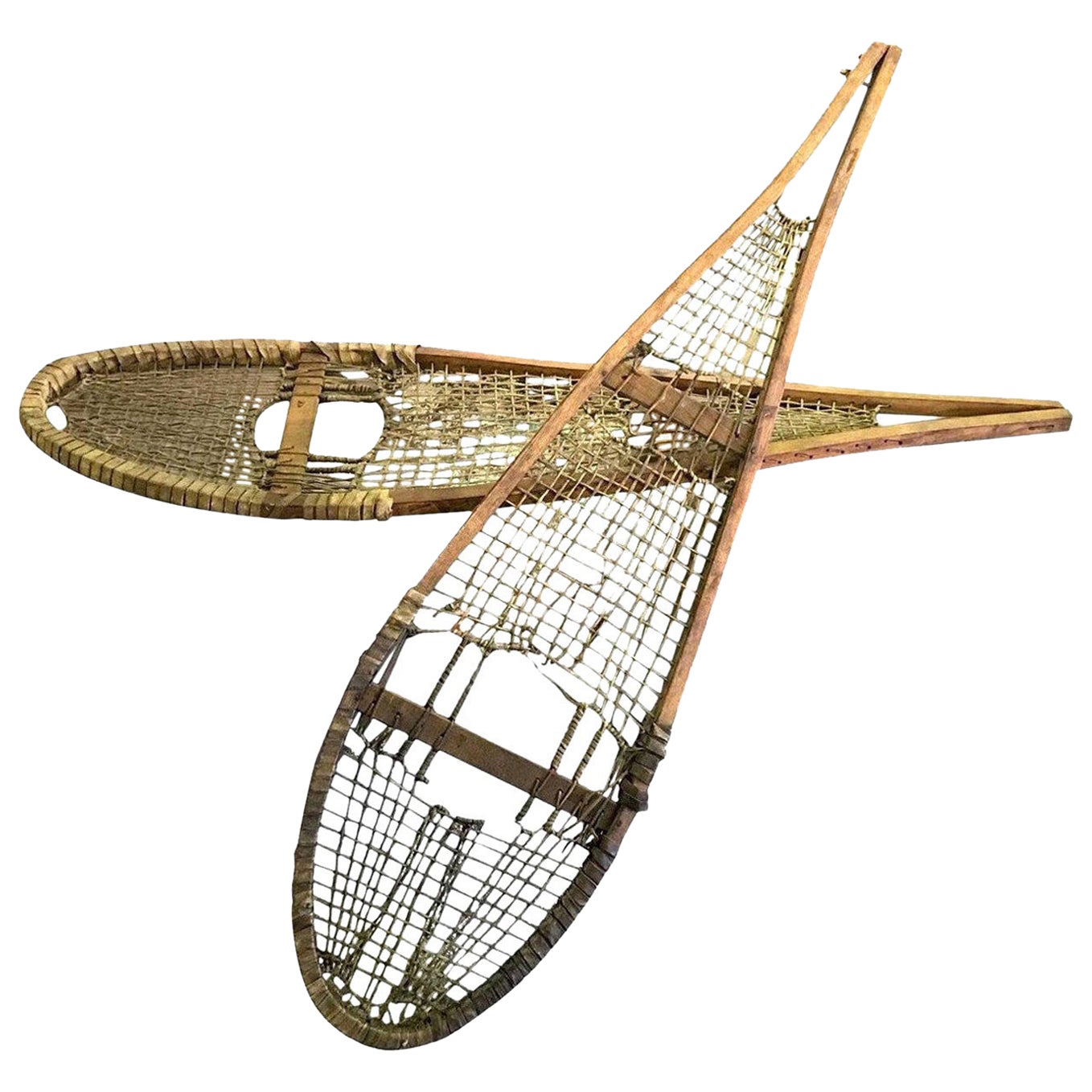 Pair of Native American Rawhide Pom Pom Snowshoes, Late 19th-Early 20th Century For Sale