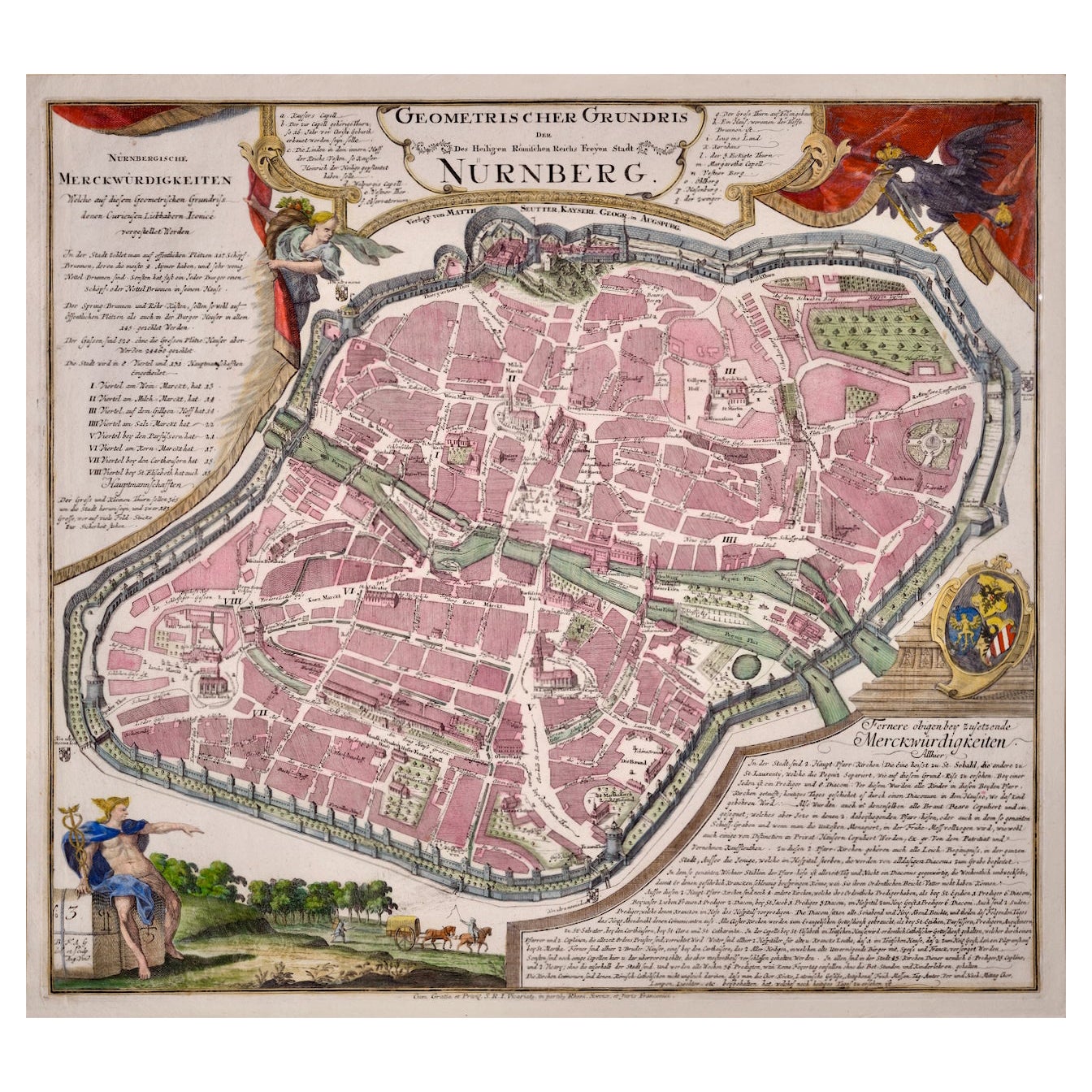 City View of Nuremberg, Germany: An 18th Century Hand-Colored Map by M. Seutter