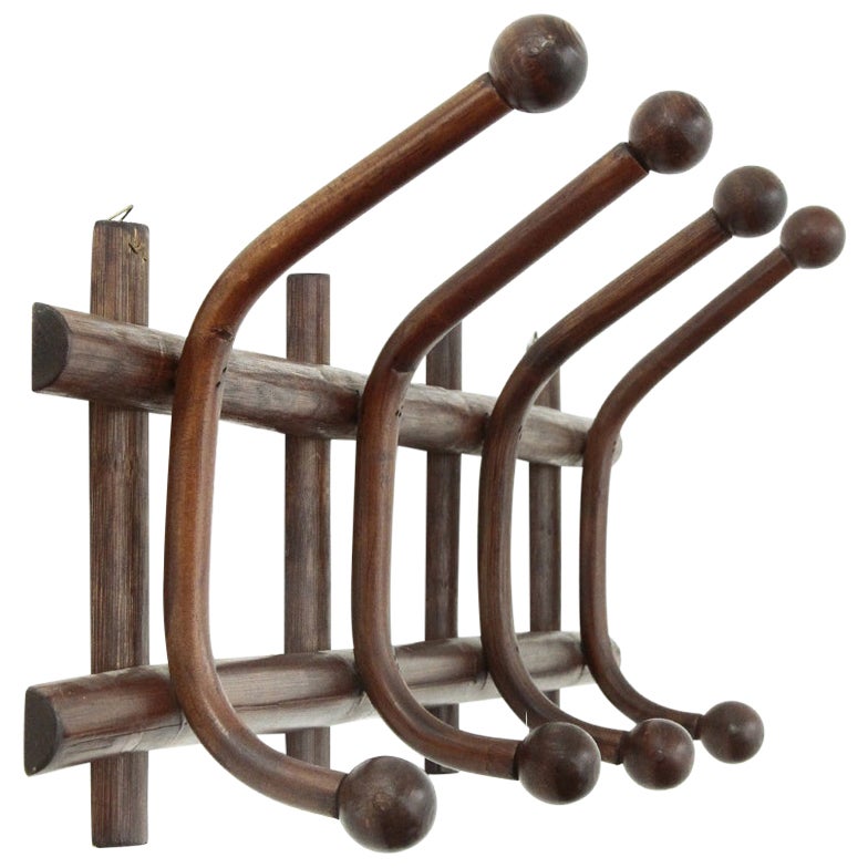 Bamboo and Rattan Wall Coat Hanger Rack with Mirror, Spain, 1960s For