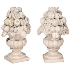 Pair of Italian 20th Century Reconstituted Stone Vases with Carved Fruits
