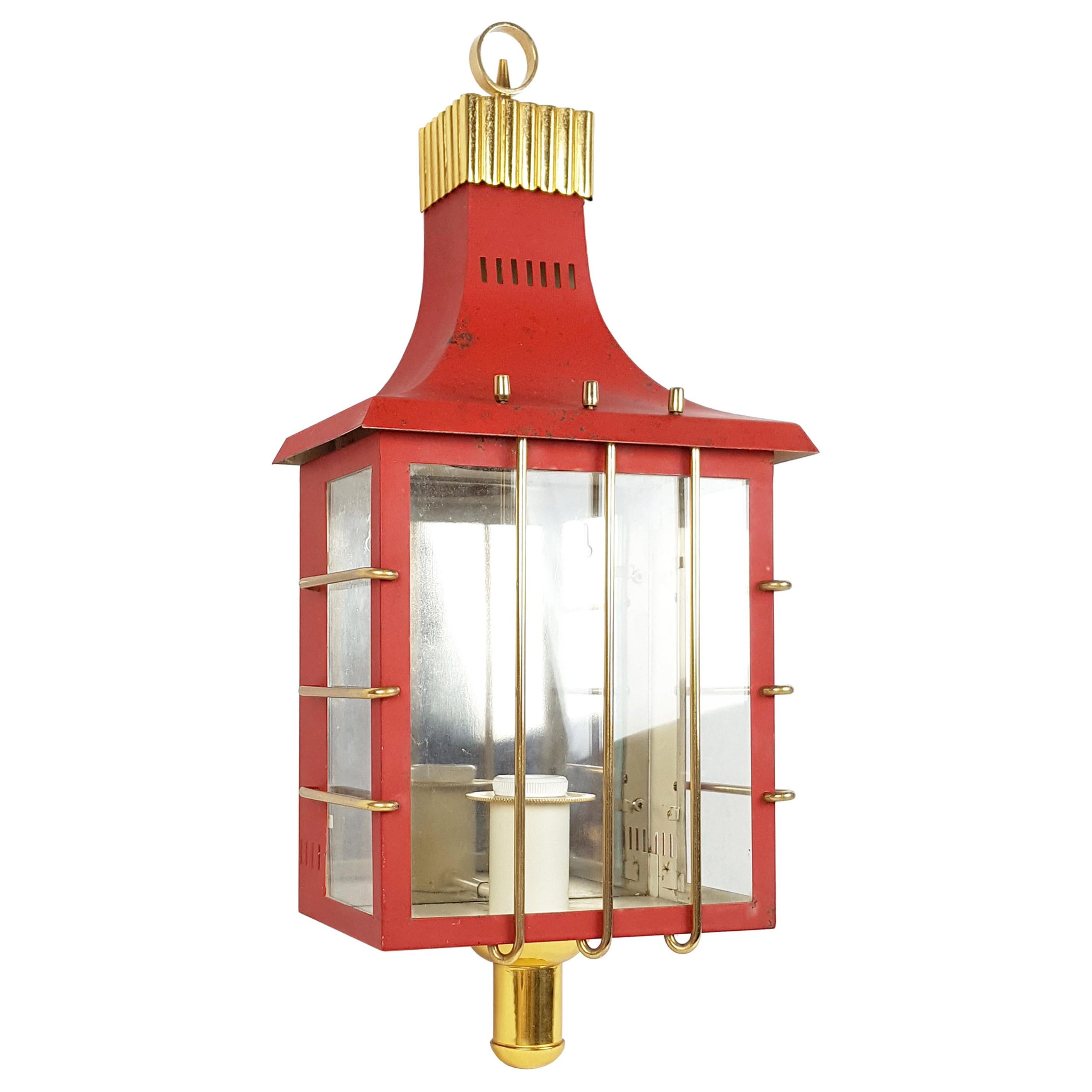 Italian Red Metal, Glass and Brass Midcentury Sconce
