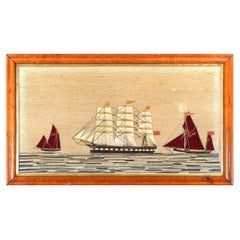 Antique British Large Woolwork 'Woolie' of Three Ships