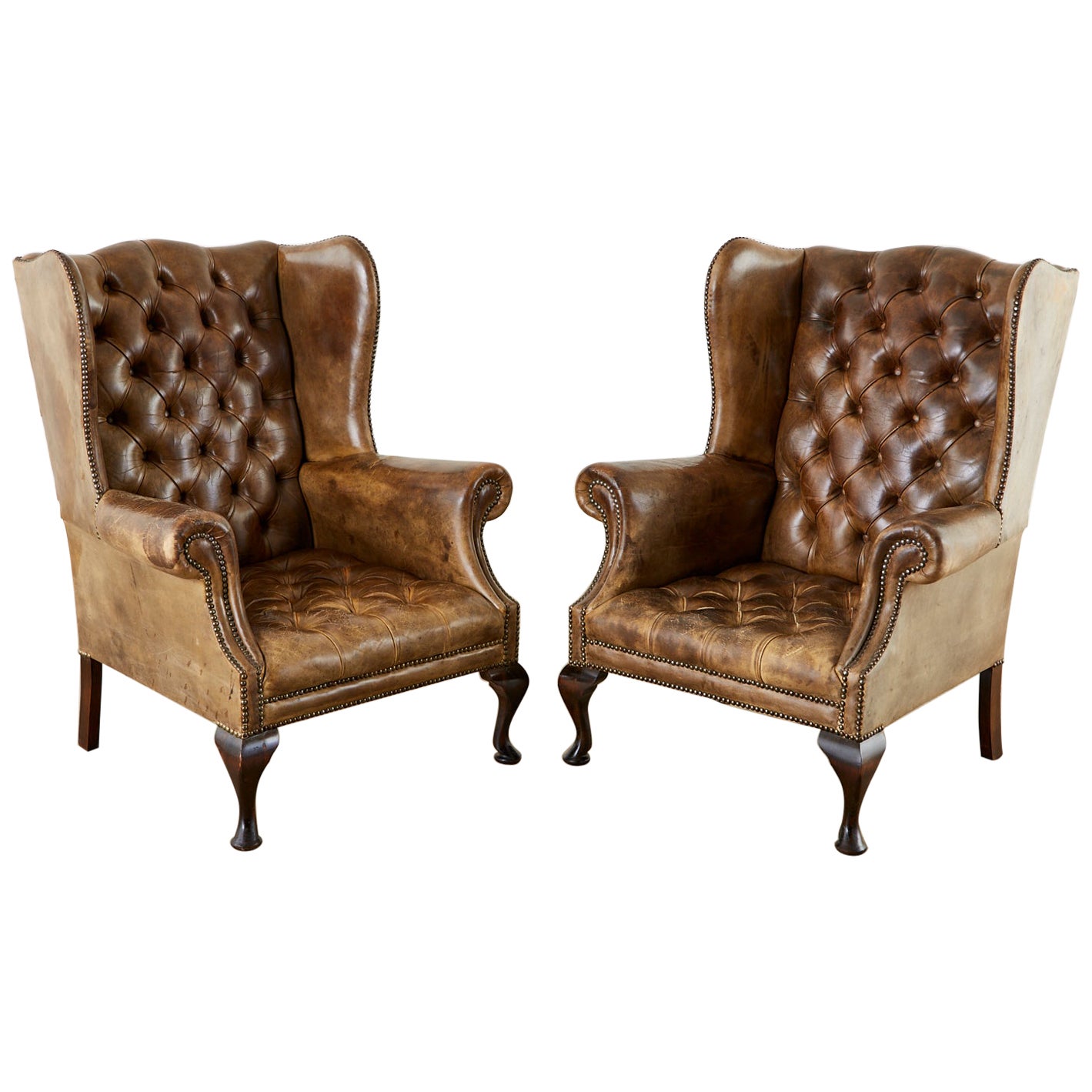 Pair of English Cigar Leather Wingback Library Chairs For Sale
