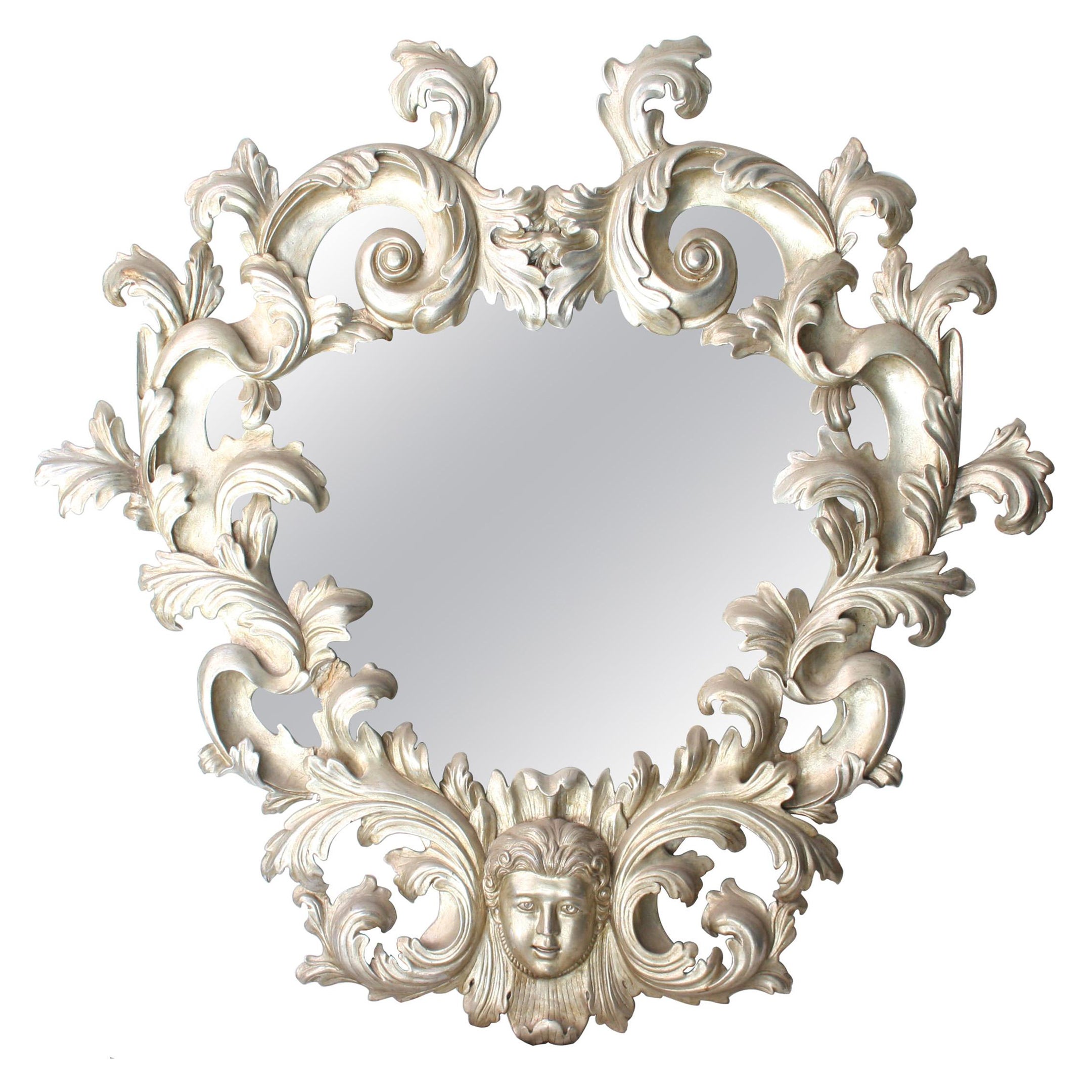 Chippendale Handcrafted Oval Silver Foil Wood Mirror, 1970 For Sale