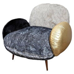 Custom Faux Fur and Leather Grey and Gold Lounge Chair by Adesso Imports