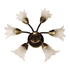 Vintage 20th Century Italian Iron Ceiling Fixture with Glass Flower Shades by Banci