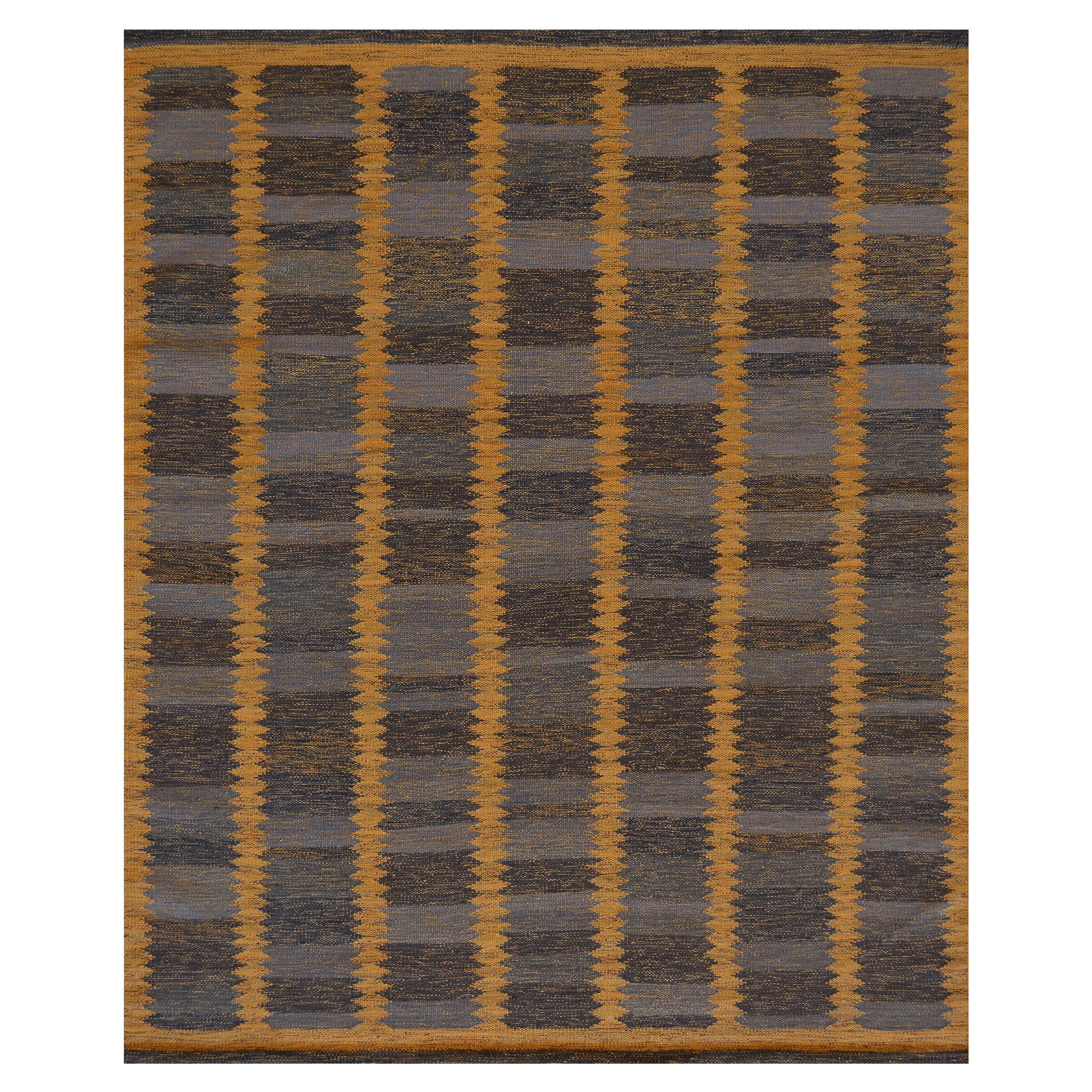 Handwoven Swedish Kilim Inspired  Brown and Gold Wool Rug