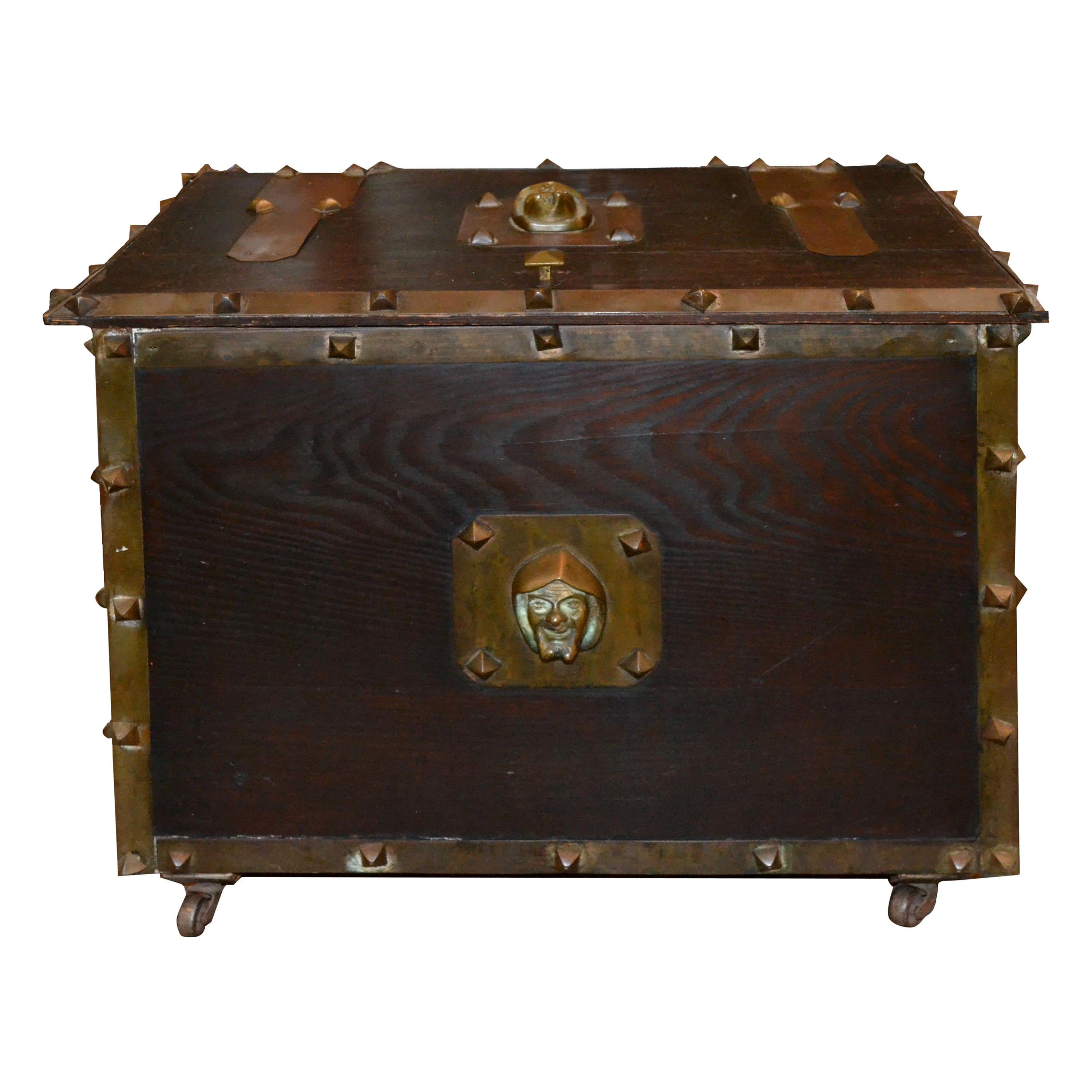 Antique Fire or Coal Box with Medieval Jesting Friar Head Bronze Handles For Sale