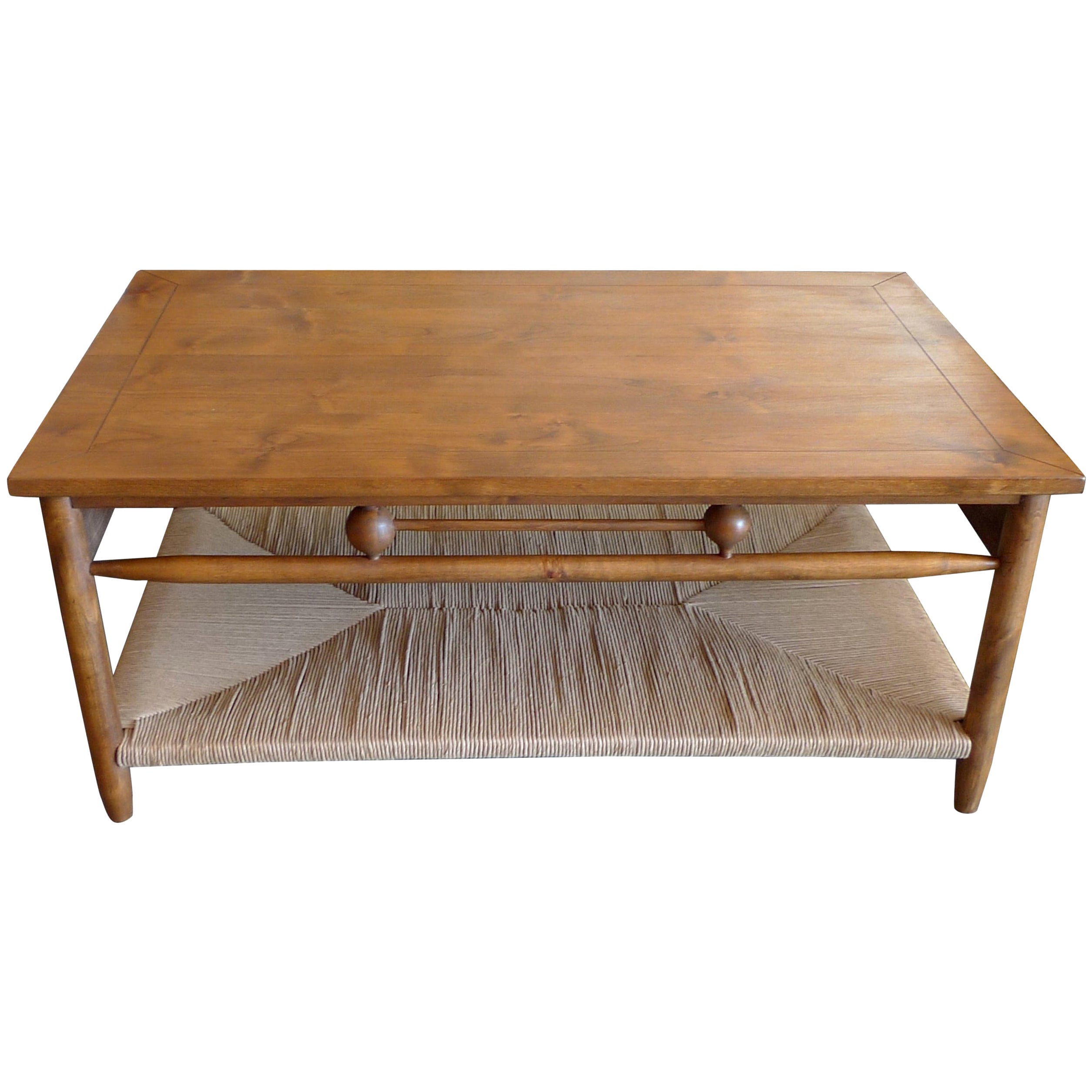 Reproduction Newport 1980s Style Wood Coffee Table with Rush Shelf For