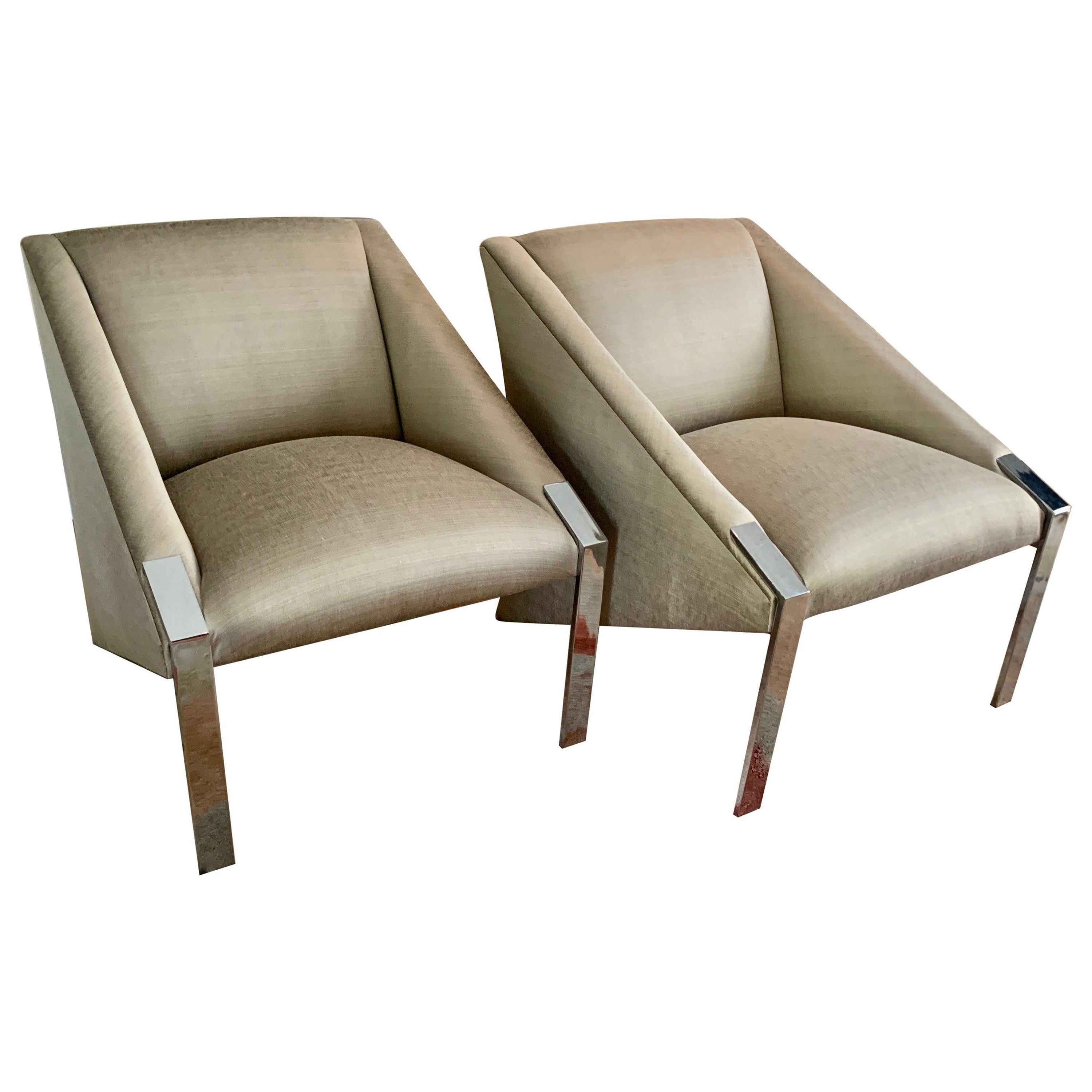 Andree Putman Pair Chrome Lounge Side Chairs in Silk Upholstery