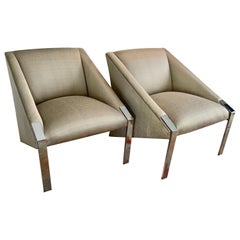 Vintage Andree Putman Pair Chrome Lounge Side Chairs in Silk Upholstery