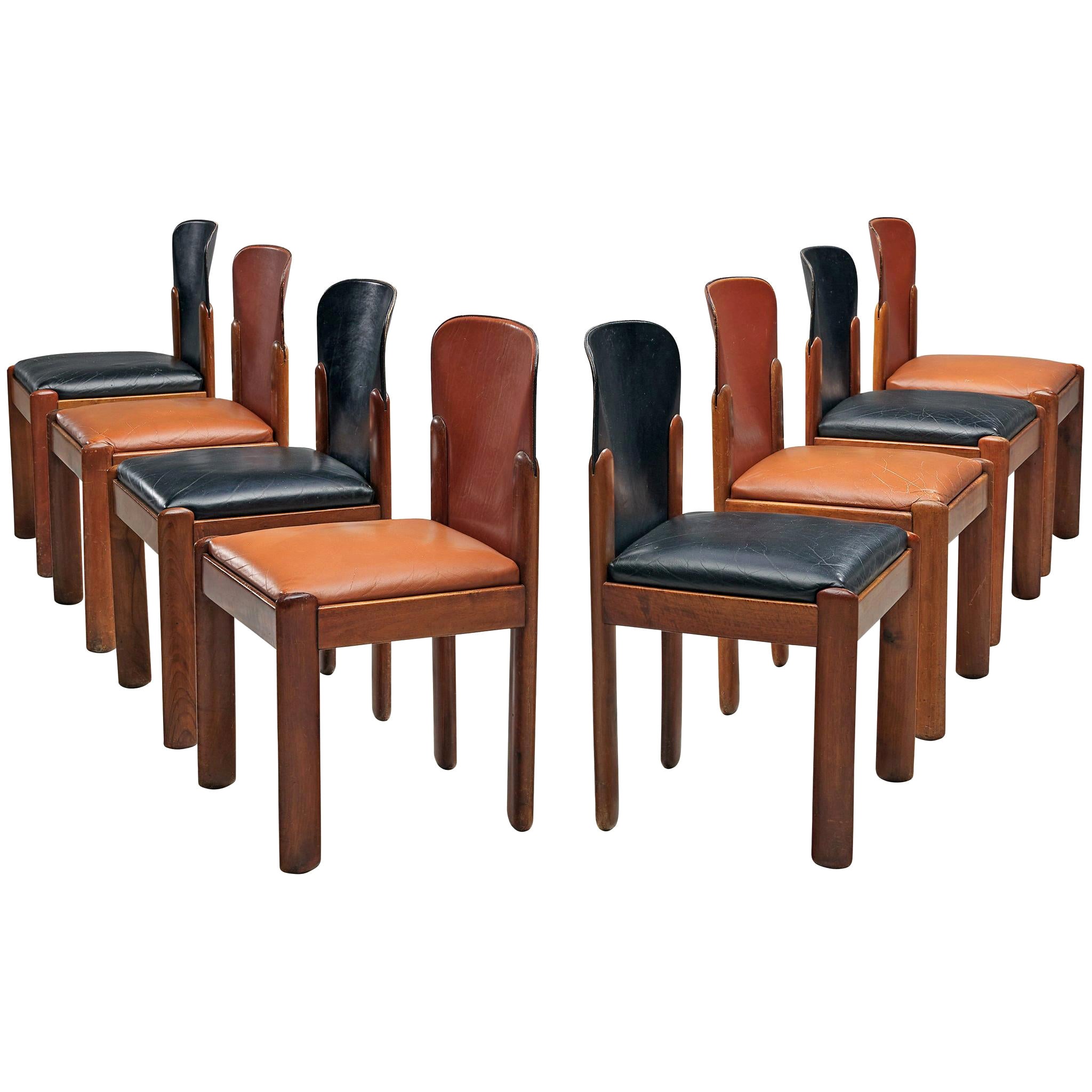 Silvio Coppola for Bernini Set of Eight Dining Chairs in Black and Brown Leather