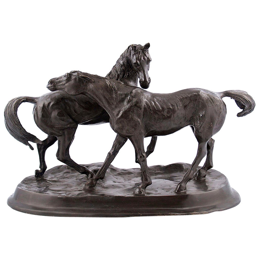 20th Century Pair Of Solid Brass Standing Galloping Horse Sculptures S