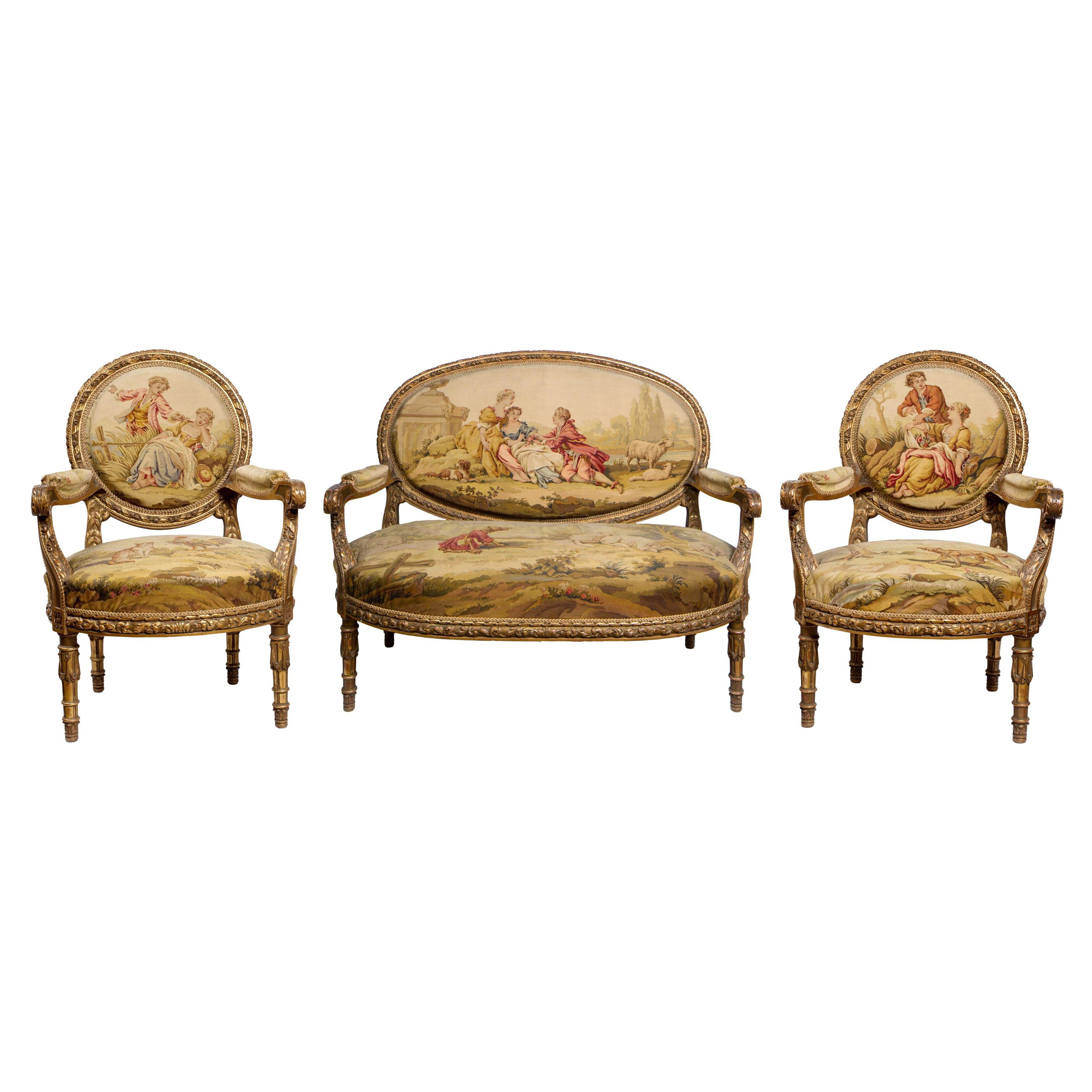 19th C. French 3 Piece Giltwood Salon Suite, Settee, Pair Armchairs, Tapestry