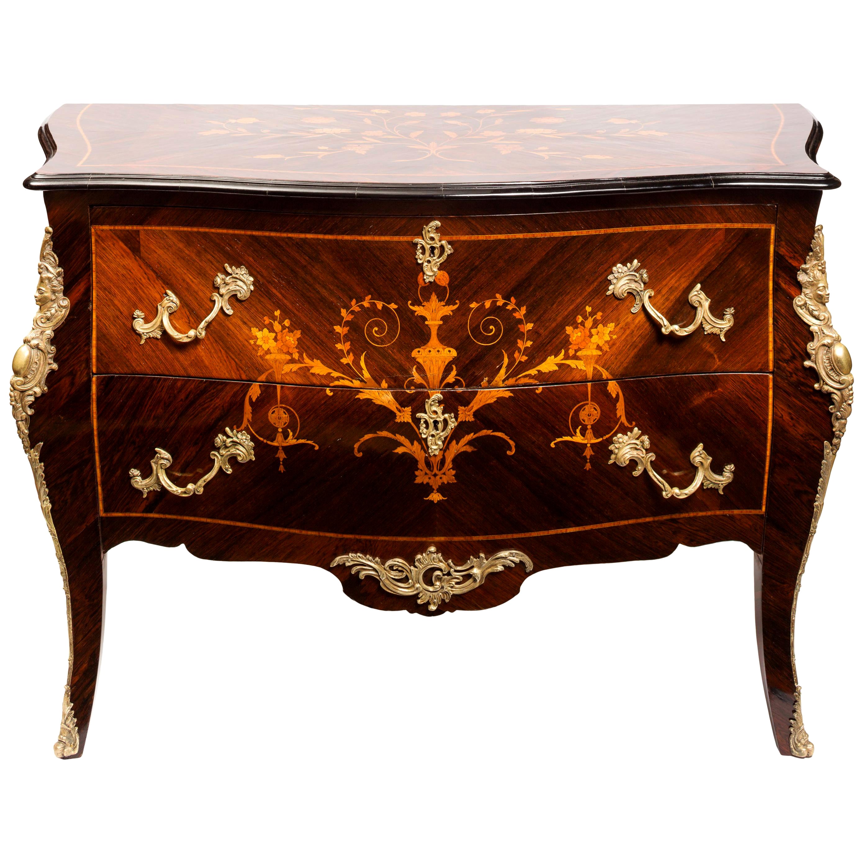 19th Century French Louis XV Style Mixed Wood Marquetry Commode