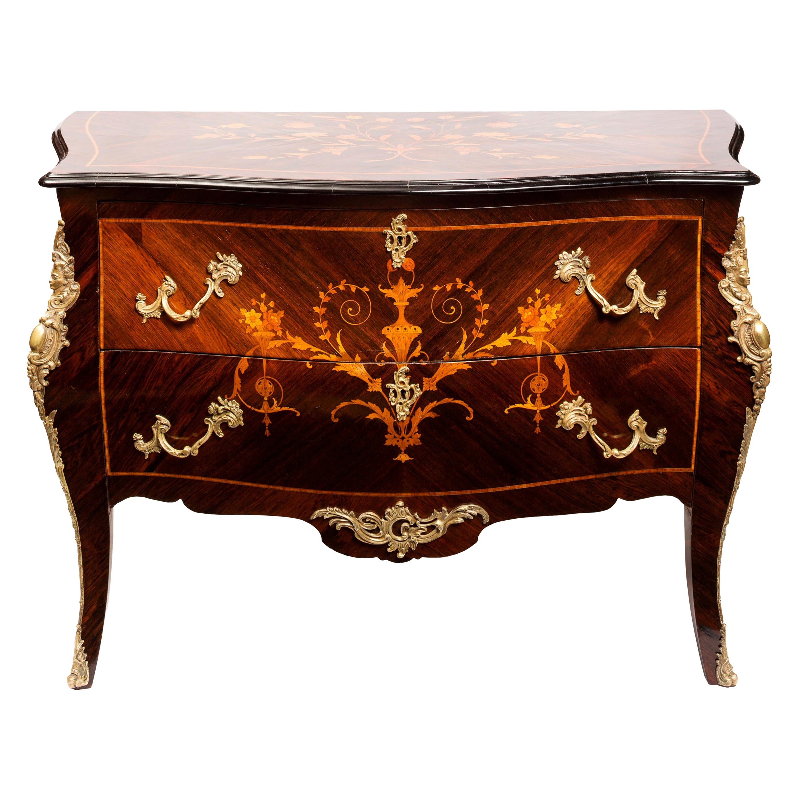 Cómoda de Marquetería Mixta de Madera Estilo Luis XV Francés del Siglo XIX