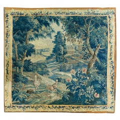 Tapisserie ancienne carrée flamande du 18ème siècle de paysage vert verdure avec oiseaux