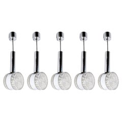 Set of Five 1960s Chrome and Glass Ceiling Pendant Chandeliers