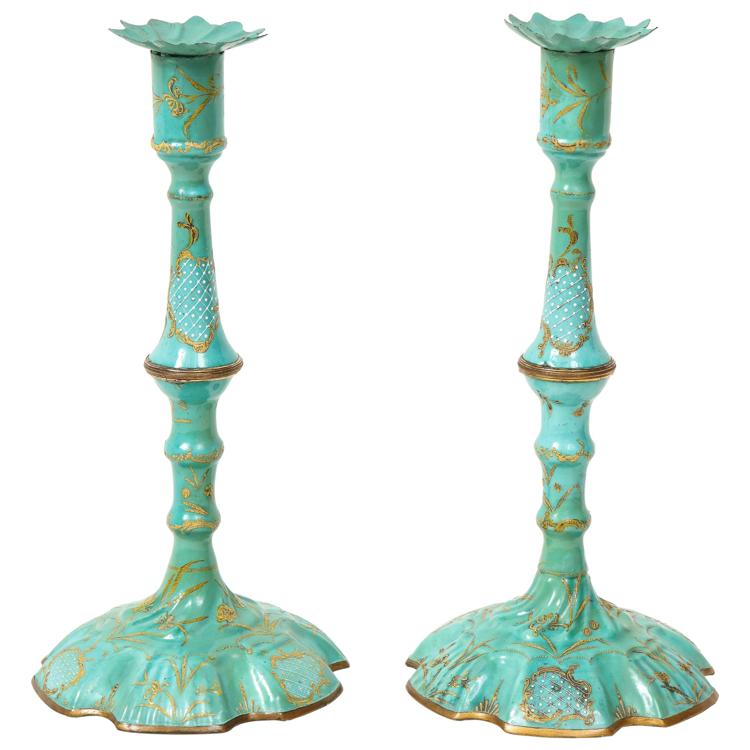 Pair of Battersea Enamel Candlesticks at 1stDibs