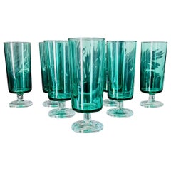 Vintage Crystal Champagne Flutes in Emerald Green, Set of Seven, circa 1960s