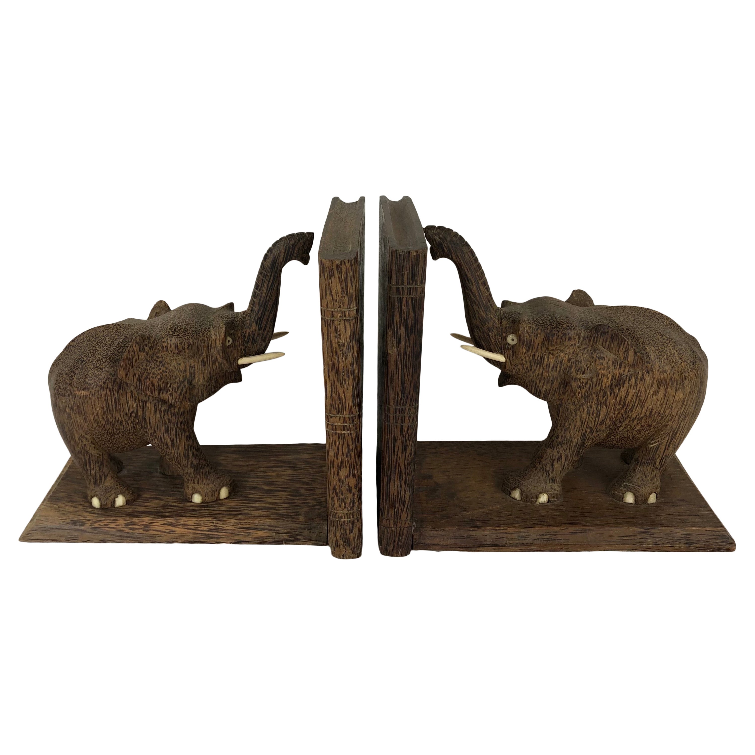 Rare Pair of French Art Deco Hand-Carved Wooden Bookends, Elephants