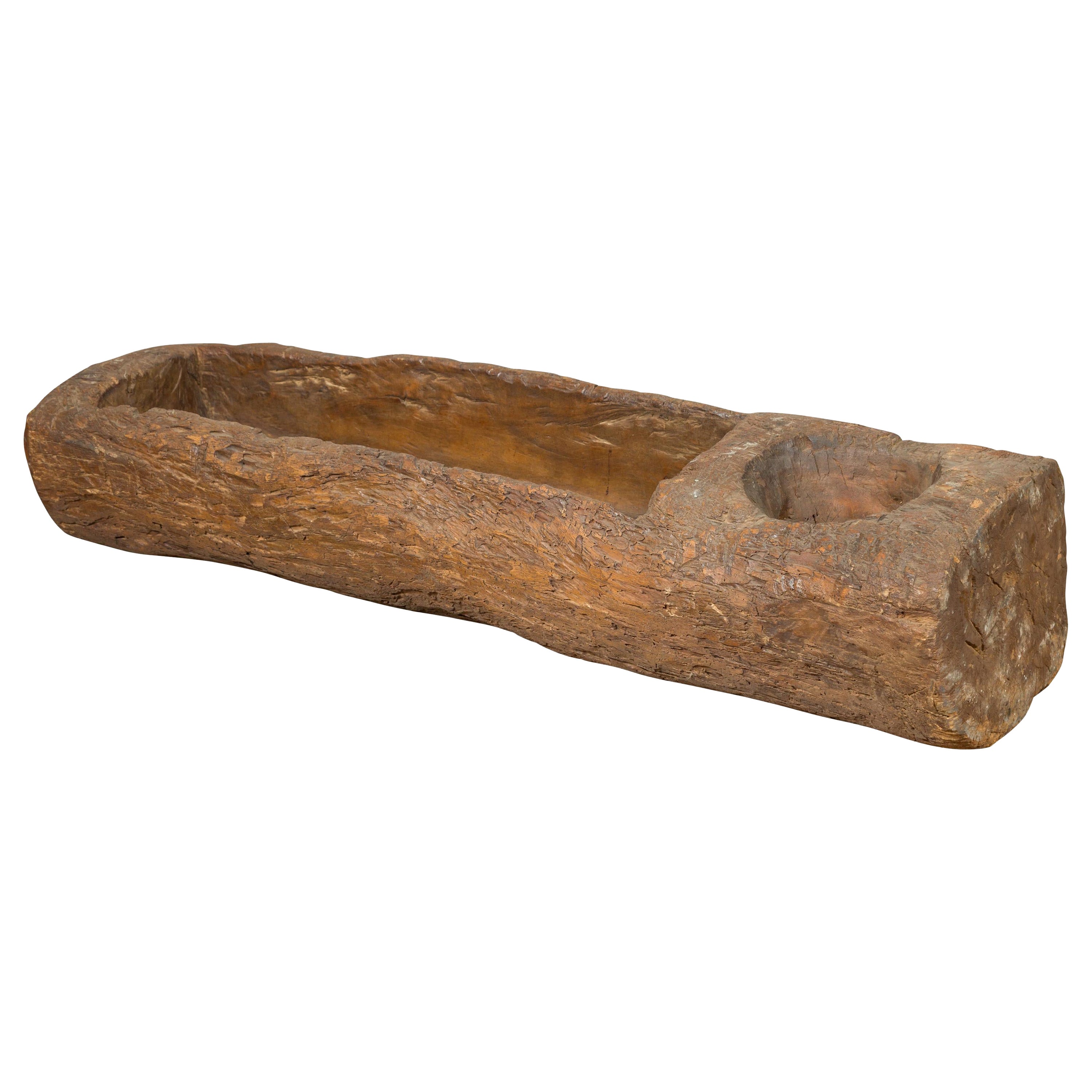 Antique Chinese Wooden Mortar Planter with Rustic Patina, 19th Century or Older For Sale