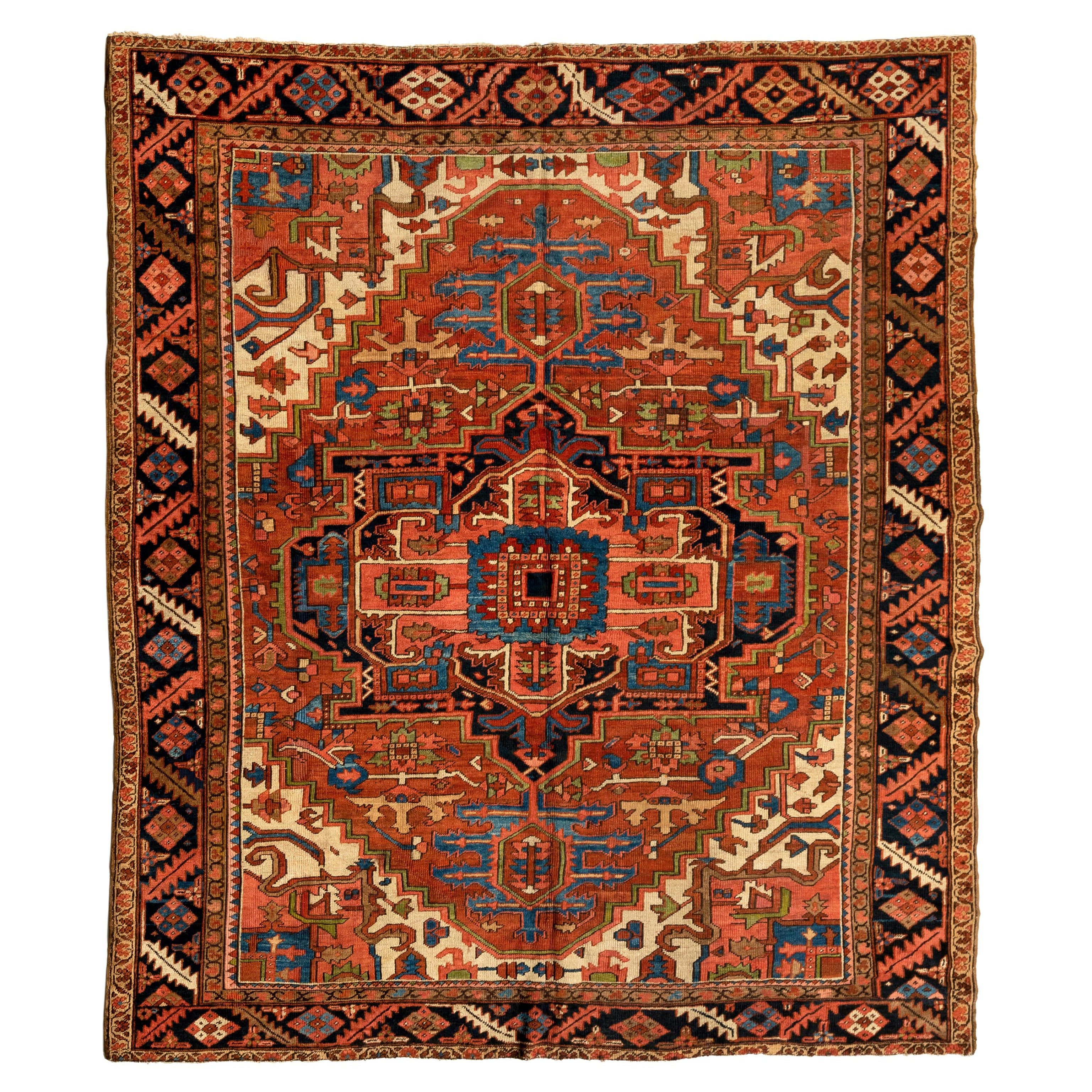 SQUARE Alfombra Persa Antigua Marfil Azul Marino Tribal Heriz 10 x 10.11 ft. en venta