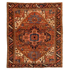 SQUARE Antique Persian Ivory Navy Blue Tribal Heriz Rug 10 x 10.11 ft.