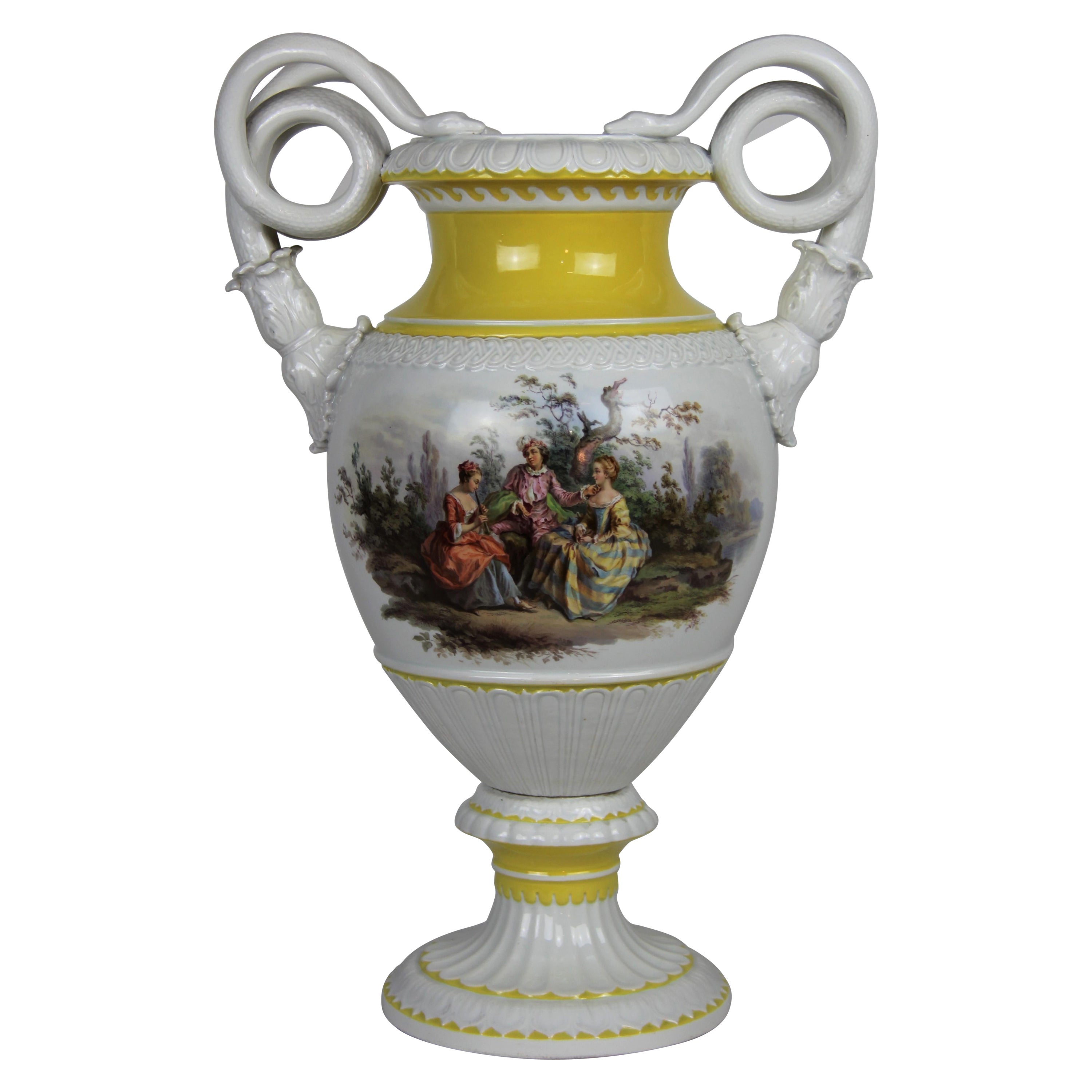 Grande vaso a doppio manico di Meissen con amanti e pannelli floreali di Watteau